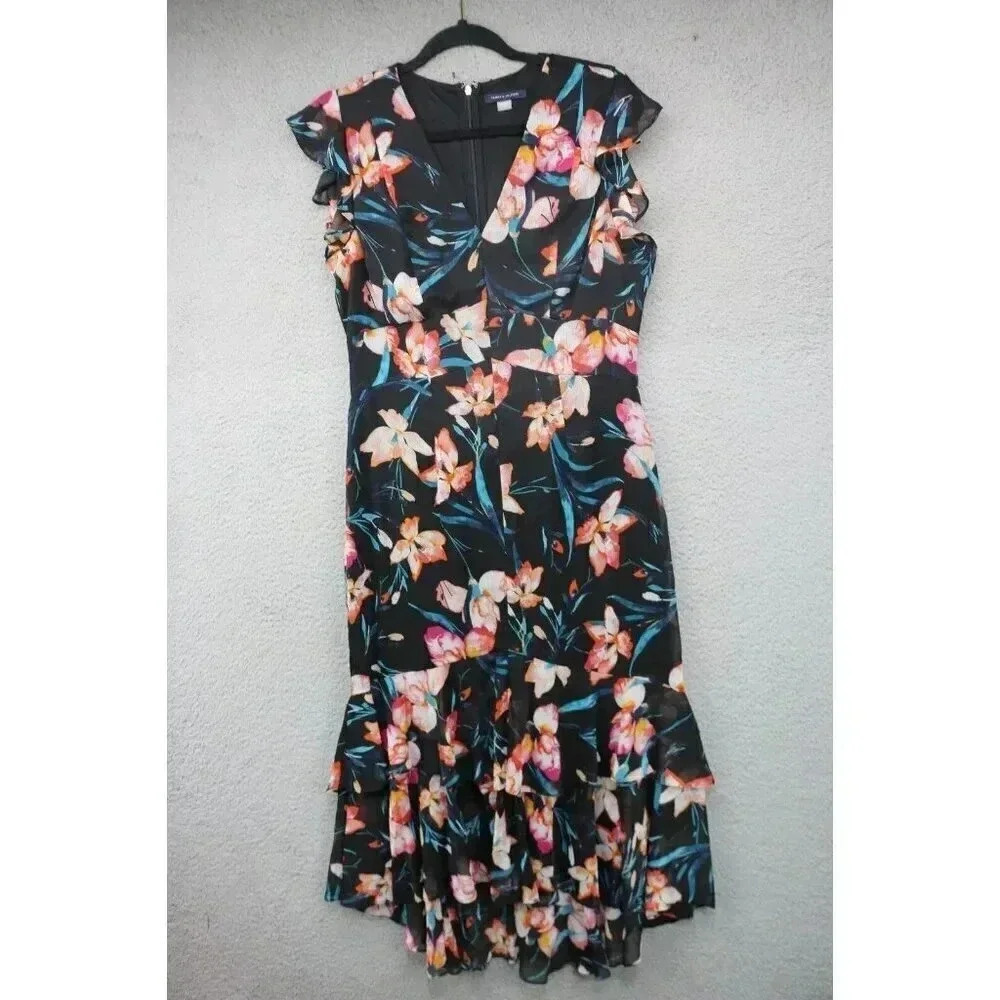 Tommy Hilfiger Black Floral Sheer Maxi Dress-Tiered-Lined-Size 8-V-Neck